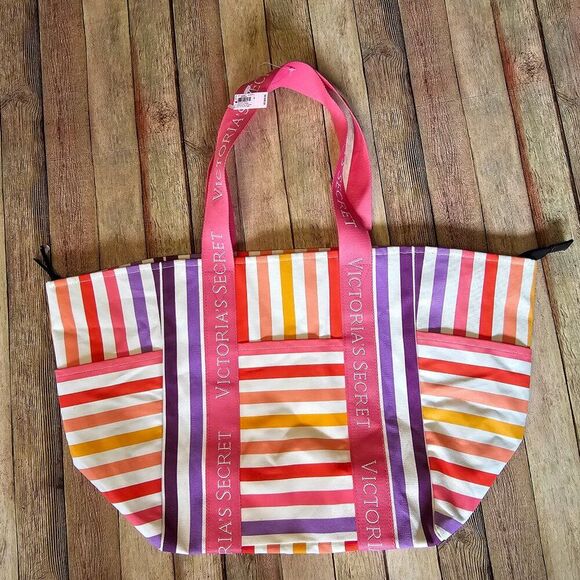 NWT Victoria's Secret Pink Stripe Weekender Tote Gym Travel Beach Zip Large Bag - Picture 1 of 10